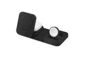 Mophie 3-in-1 MagSafe travel charger with iPhone, Apple Watch, and AirPods charging on a hotel nightstand